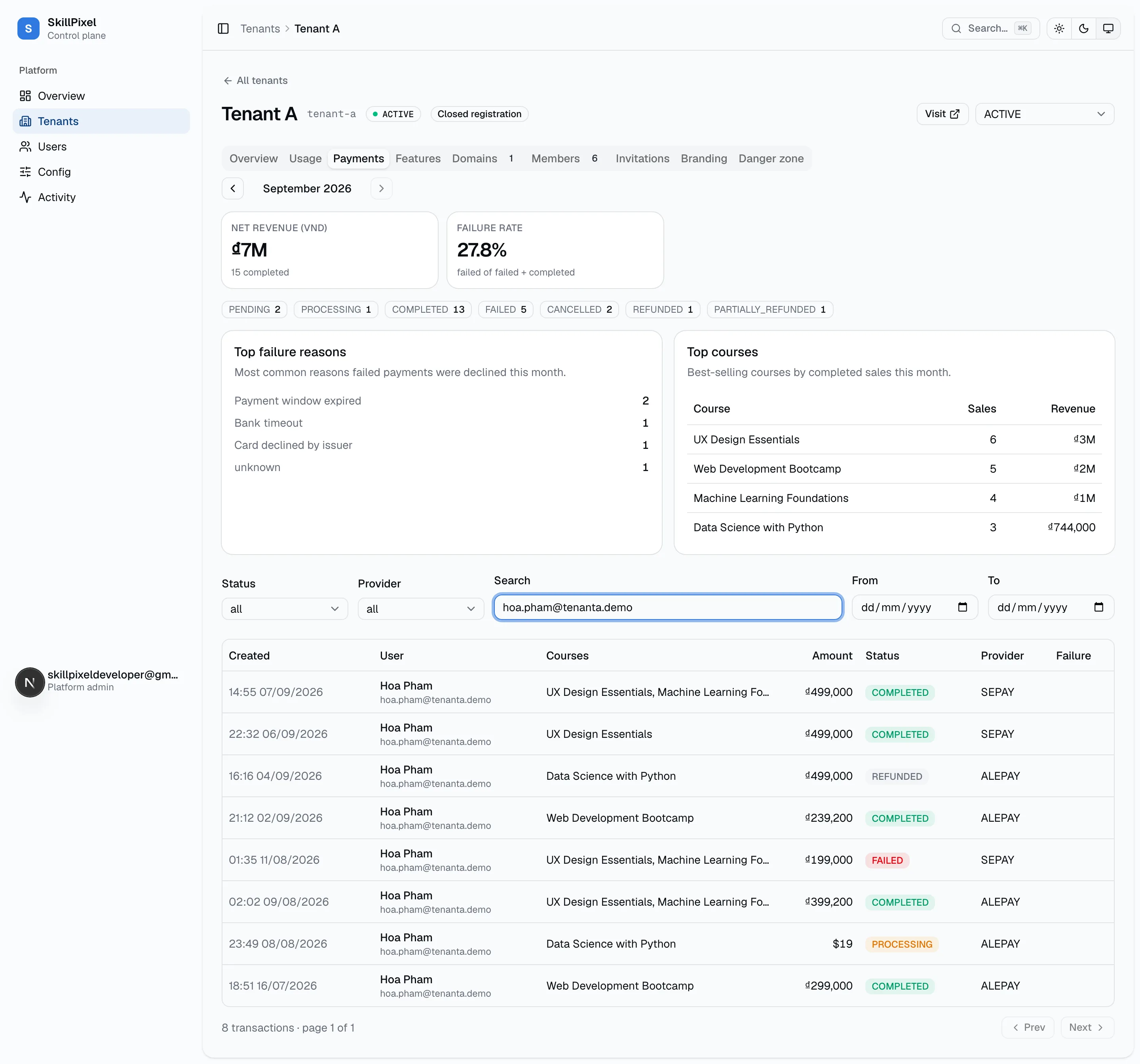 Typing hoa.pham@tenanta.demo in the search box (debounced ~300 ms) filters to that buyer's transactions. Search also matches nanoid, provider transaction id, order code, and name.
