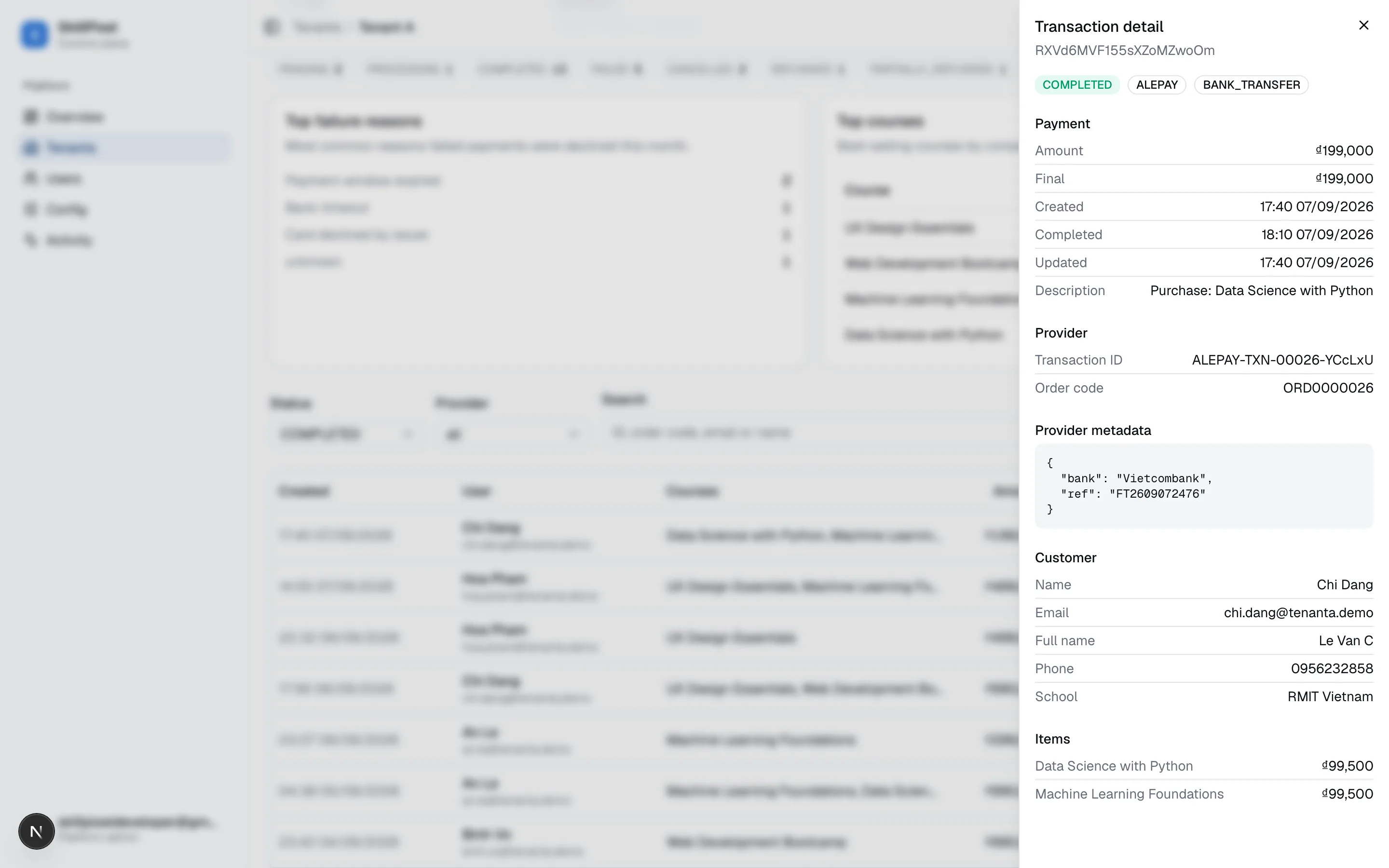 Clicking a row opens a side sheet grouped into Payment / Provider / Customer / Items, with provider metadata as formatted JSON.