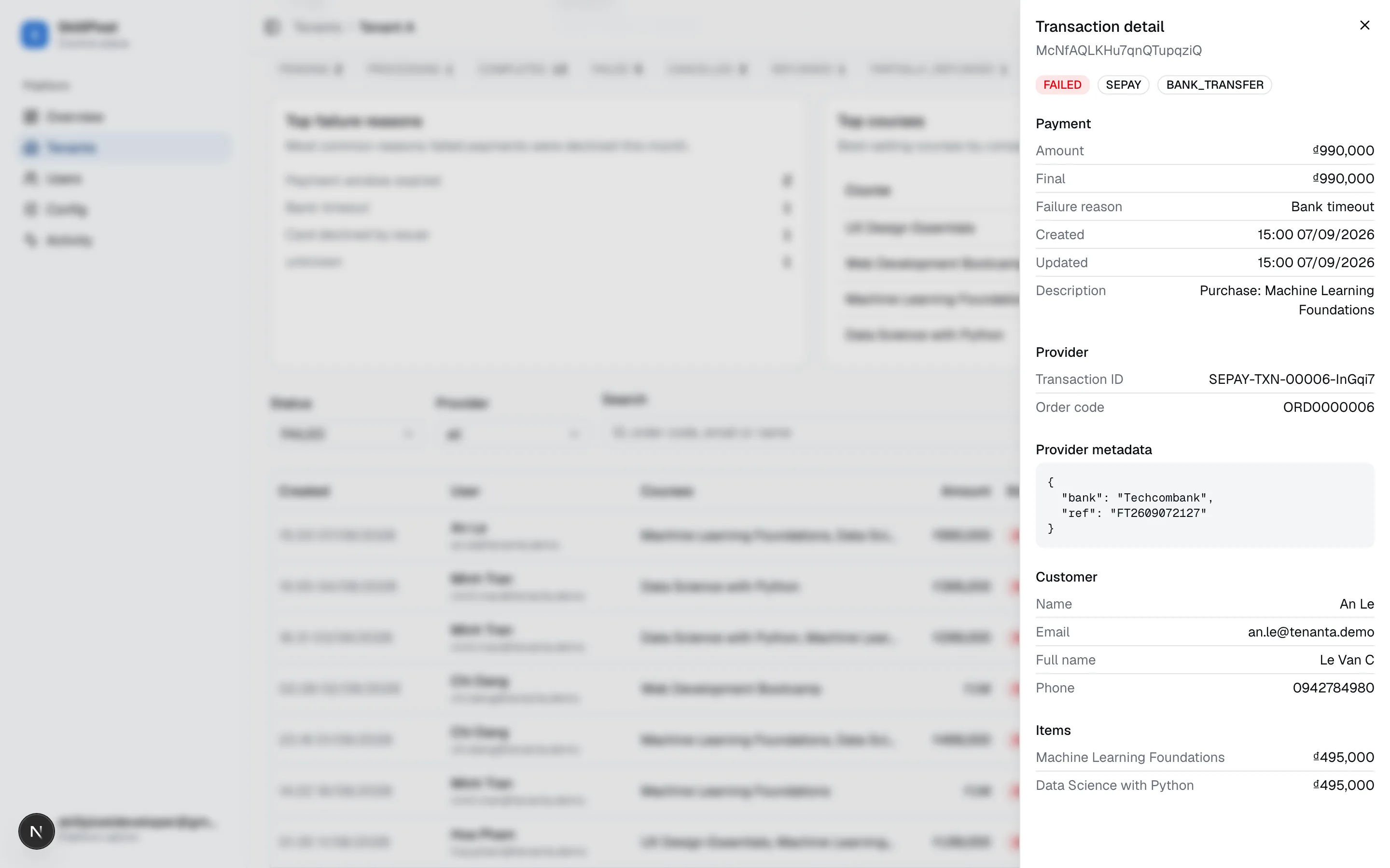 FAILED transaction — the failure reason (Bank timeout) is shown in the Payment group; provider ids and metadata are still present.