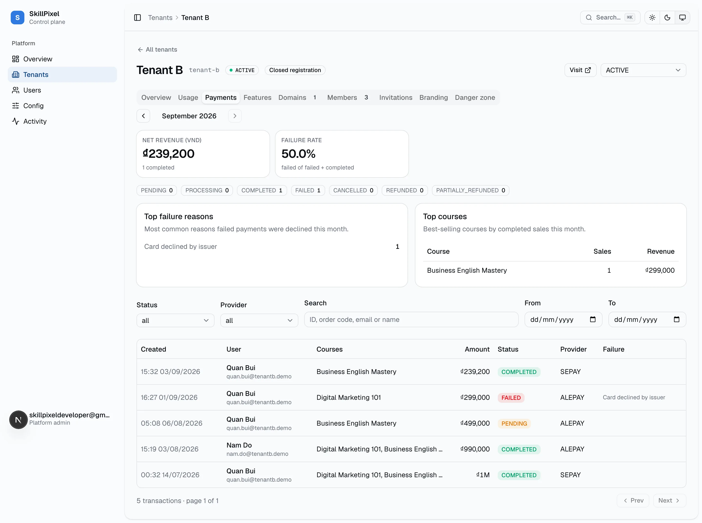 Tenant B's Payments tab shows only its own 5 transactions and its own two courses (page 1 of 1). No Tenant A data leaks across.