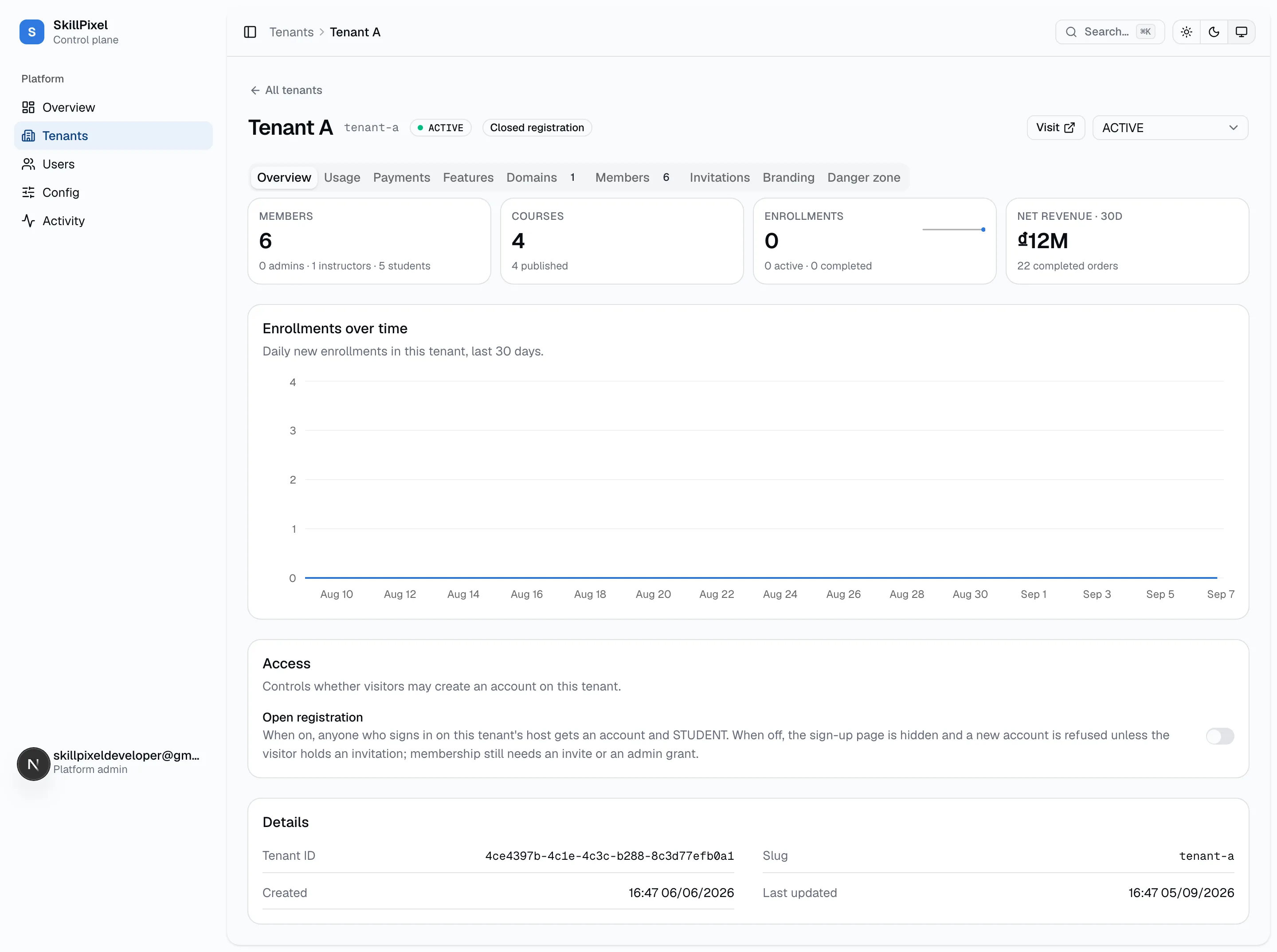 The tenant Overview tab, for context on where the new Payments tab sits in the tenant detail page.